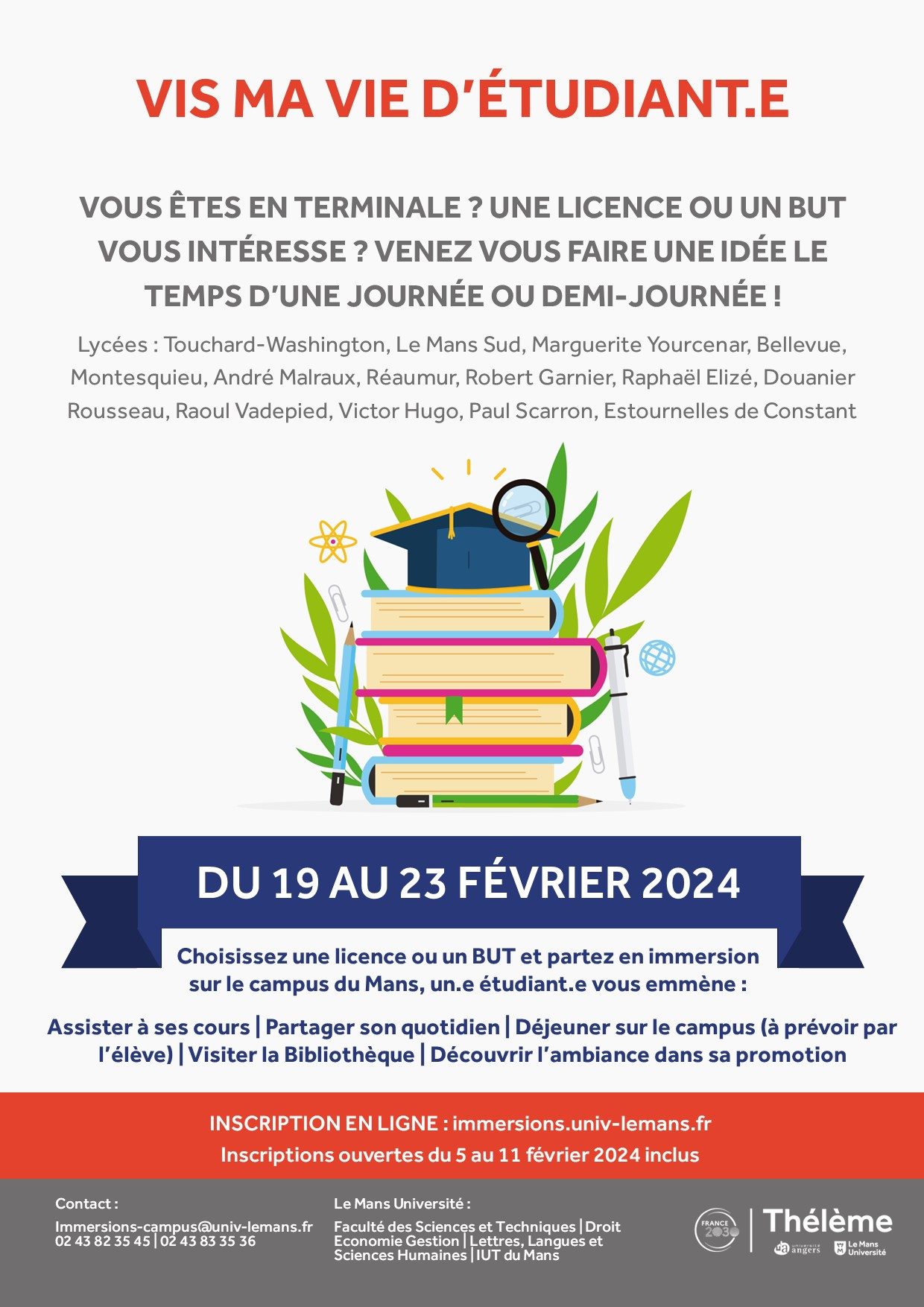 Affiche présentant le dispositif "Vis ma vie d'étudiants" qui aura lieu du 19 au 23 février et destiné aux terminales qui sont intéressés par des études à l'université du Mans.